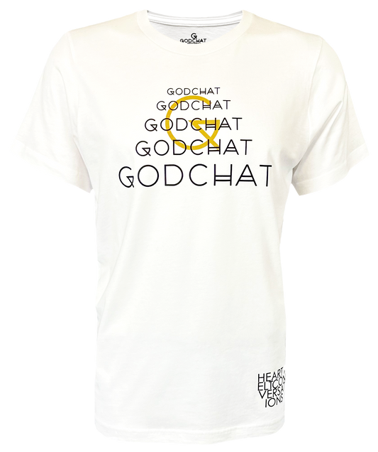 White, short sleeved faith-based God t-shirt. Has the brand Godchat written on front multiple times. The design is tan and black. In the lower right corner it says heartfelt conversations. Front view. Christian clothing
