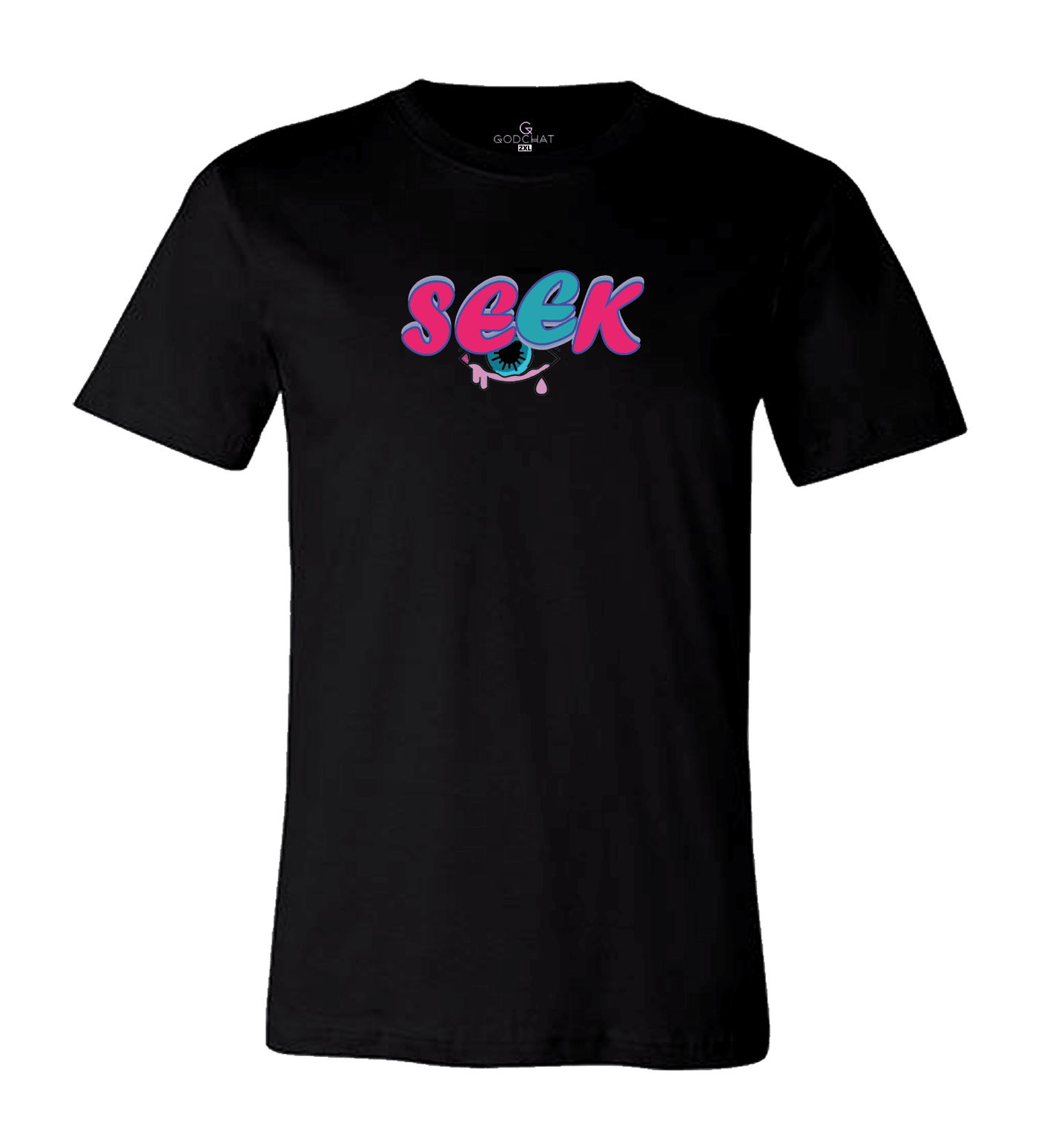 BLACK SEEK AND YE SHALL FIND TEE WITH PINK AND BLUE DESIGN!