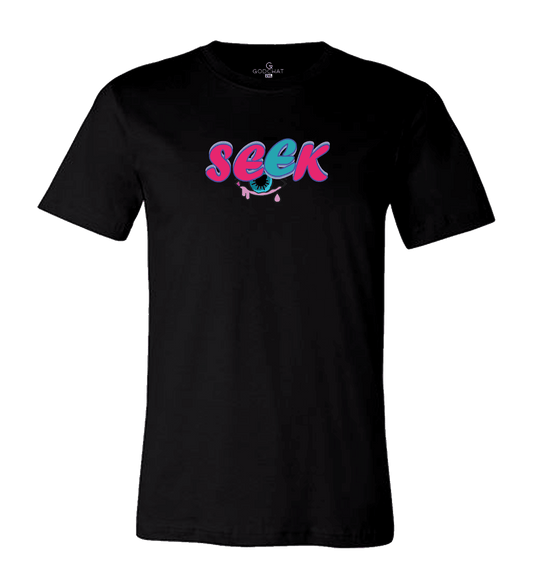 BLACK SEEK AND YE SHALL FIND TEE WITH PINK AND BLUE DESIGN!