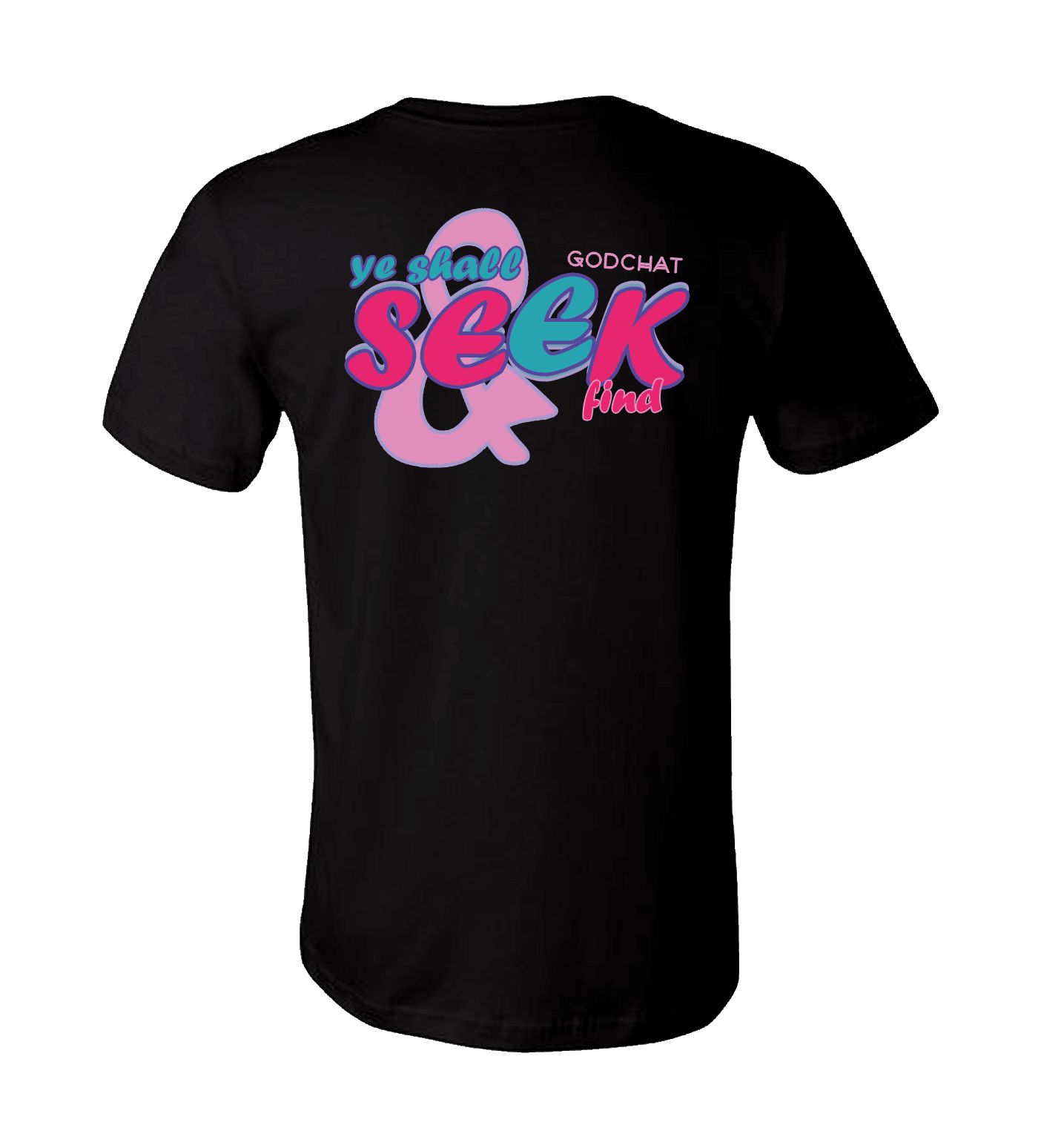 BLACK SEEK AND YE SHALL FIND TEE WITH PINK AND BLUE DESIGN! BACK OF SHIRT.