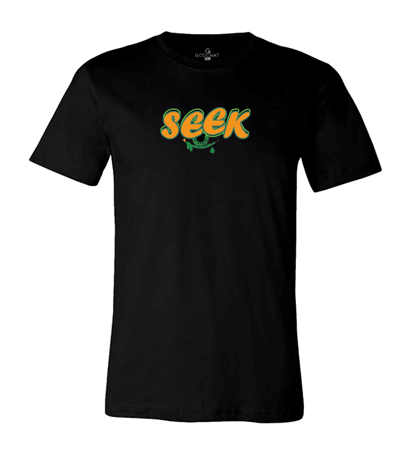 front of SEEK AND YE SHALL FIND T-SHIRT! color orange and green.