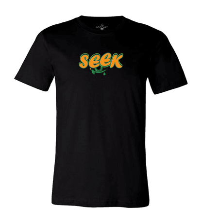 front of SEEK AND YE SHALL FIND T-SHIRT! color orange and green.