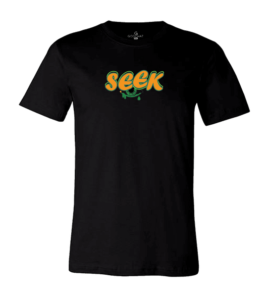front of SEEK AND YE SHALL FIND T-SHIRT! color orange and green.