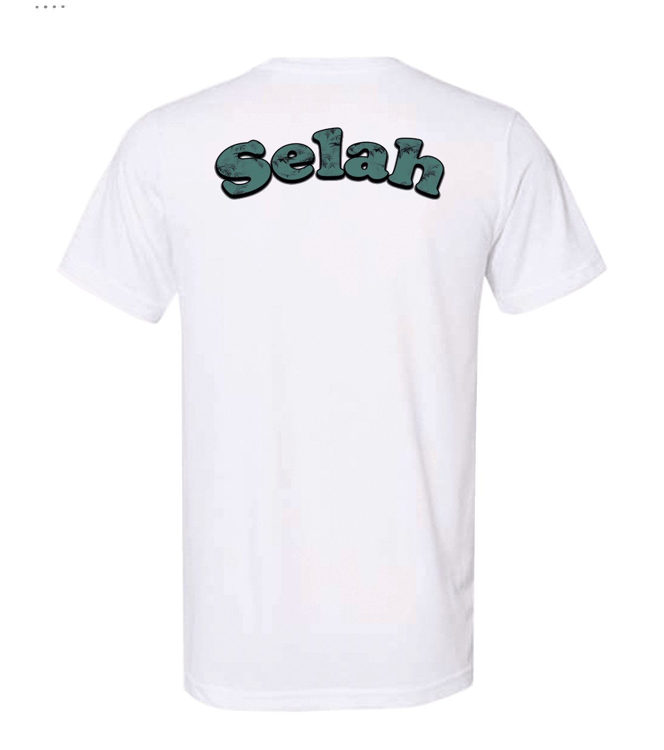 back of short sleeve shirt that says "selah" on the back