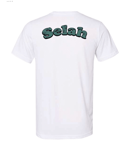 back of short sleeve shirt that says "selah" on the back